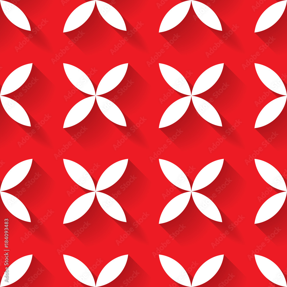 Poster abstract vector seamless pattern mosaic of white four leaf blooms in diagonal arrangement on red bac