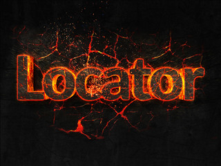 Locator Fire text flame burning hot lava explosion background.