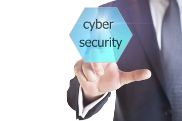 business, technology, internet and virtual reality concept - businessman pressing cyber security button on virtual screens with hexagons and transparent honeycomb