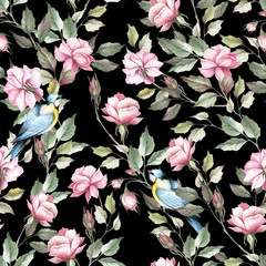 Seamless pattern with roses and bird. Hand draw watercolor illustration - 184094806