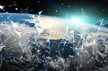 Connections system and datas exchanges on planet Earth 3D rendering