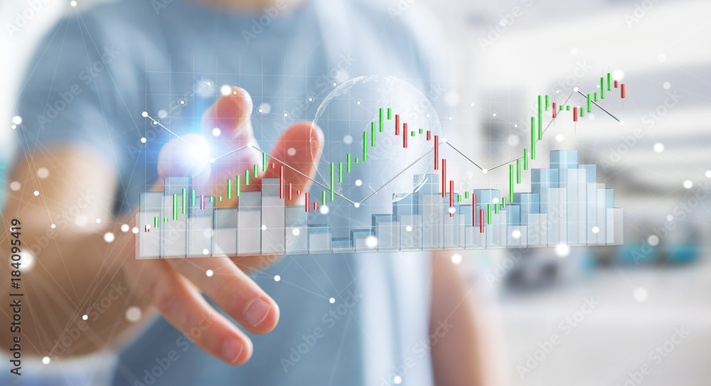 Poster Businessman using digital 3D rendered stock exchange stats and charts