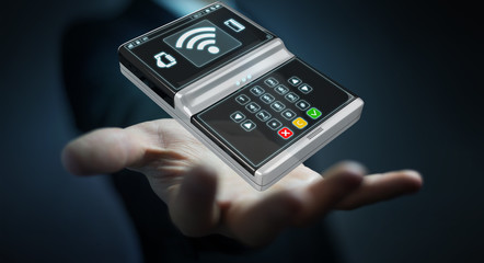 Businessman using contactless terminal payment 3D rendering