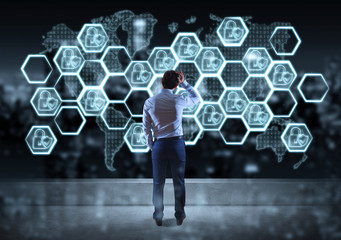 Businessman watching internet security interface sketch on a rooftop 3D rendering