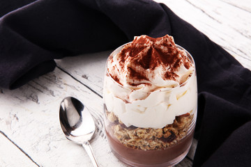 dessert tiramisu in glasses, concept of delicious life