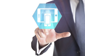business man finger smart phone and tablet icon touch. business and technology concept 