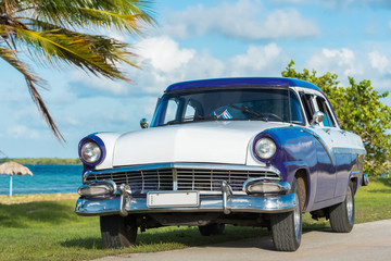 Amerikanischer blau weisser Ford Fairlane Oldtimer parkt am Strand unter Palmen in Varadero Cuba - Serie Cuba Reportage