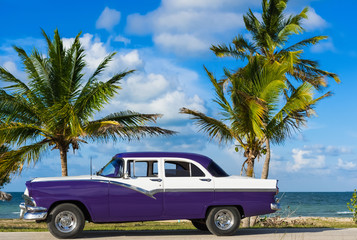 Obraz na płótnie Canvas Amerikanischer blau weisser Ford Fairlane Oldtimer parkt am Strand unter Palmen in Varadero Cuba - Serie Cuba Reportage