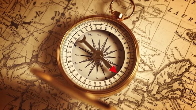 Golden Compass On The Old Map Indicating Direction. 3D Animation.