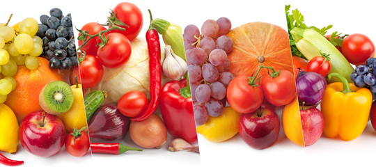 Panoramic collection fresh vegetables and fruits isolated on white .