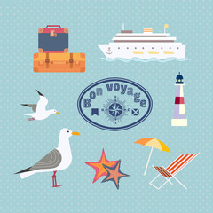 Ocean cruise travel icon set. Have nice trip - Bon Voyage in French. Fancy colorful cartoon seaside symbols. Vintage marine tour advertisement banner background. Vector seashore retro illustration