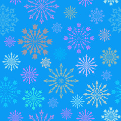 Seamless pattern with large and small colorful carved snowflakes on white background