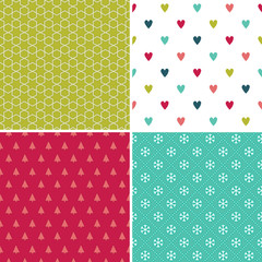 Vector set of seamless geometric holiday backgrounds in red, white and mint with hearts, trees, snowflakes and stars. Clipping masks for easy repeats. For Christmas cards, wrapping paper, wallpapers.