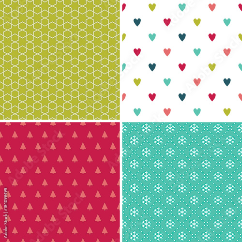 vector set of seamless geometric holiday backgrounds in red white and mint with hearts - Mint Christmas Cards vector set of seamless geometric holiday backgrounds in red white and mint with hearts - Mint Christmas Cards