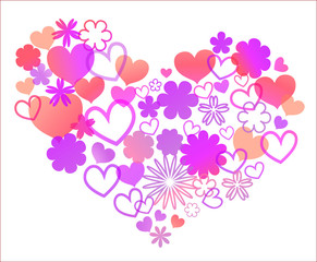 Bright translucent heart, composed of multicolored rainbow flowers