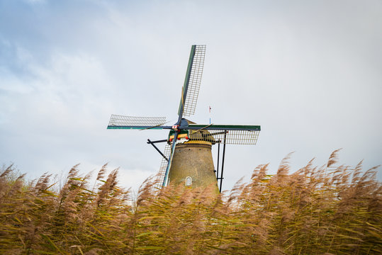 Old windmills in Kinderdijk at sunrise, Holland, Netherlands, Europe. Unesco world heritage site.