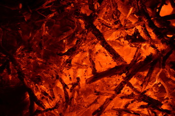 Burning and smoldering wooden branches, like a background.