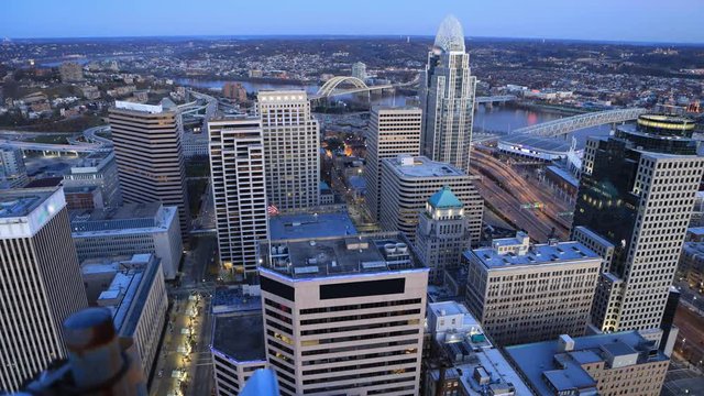 Cincinnati city center aerial timelapse from day to night 4K