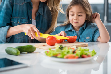 Woman is cutting vegetables by knife in the kitchen. Her daughter is looking at cooking process with interest