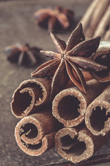 Macro photo of the ends of cinnamon sticks. Very shallow depth of field with the focus on the middle stick. Brown Background.