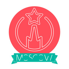 Moscow (Russia) Line Icon With Caption on Ribbon Banner. Moscow Emblem, Landmark, Vector Symbol. Moscow Kremlin Thin Line Icon