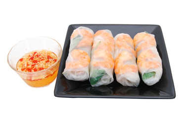 shrimp , meat rolls on the dish with chili lemon sauce