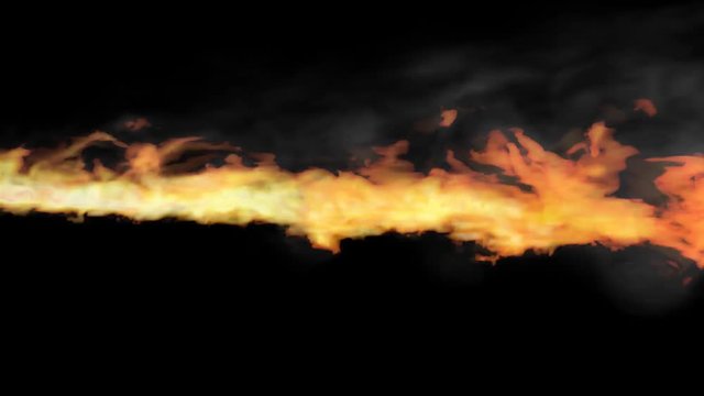 Animated realistic stream of fire like fire breathing dragon flames against black background, mask included.