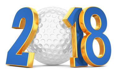 White ball for golf and gold numbers with blue 2018 on white background. 3d rendering.