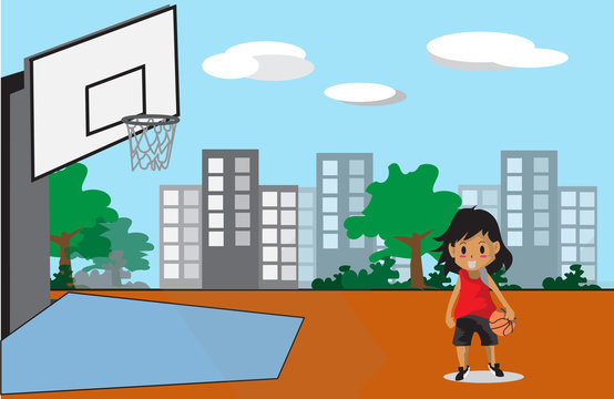 Boy Play Basketball character design cartoon art  and Street Background