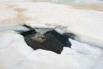 Rocher dans un lac gelé