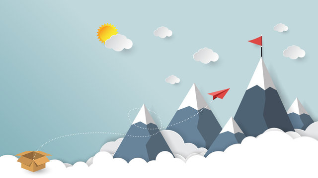 Red paper airplane out of the box to red flag on mountain paper art style.Business success concept vector illustration.