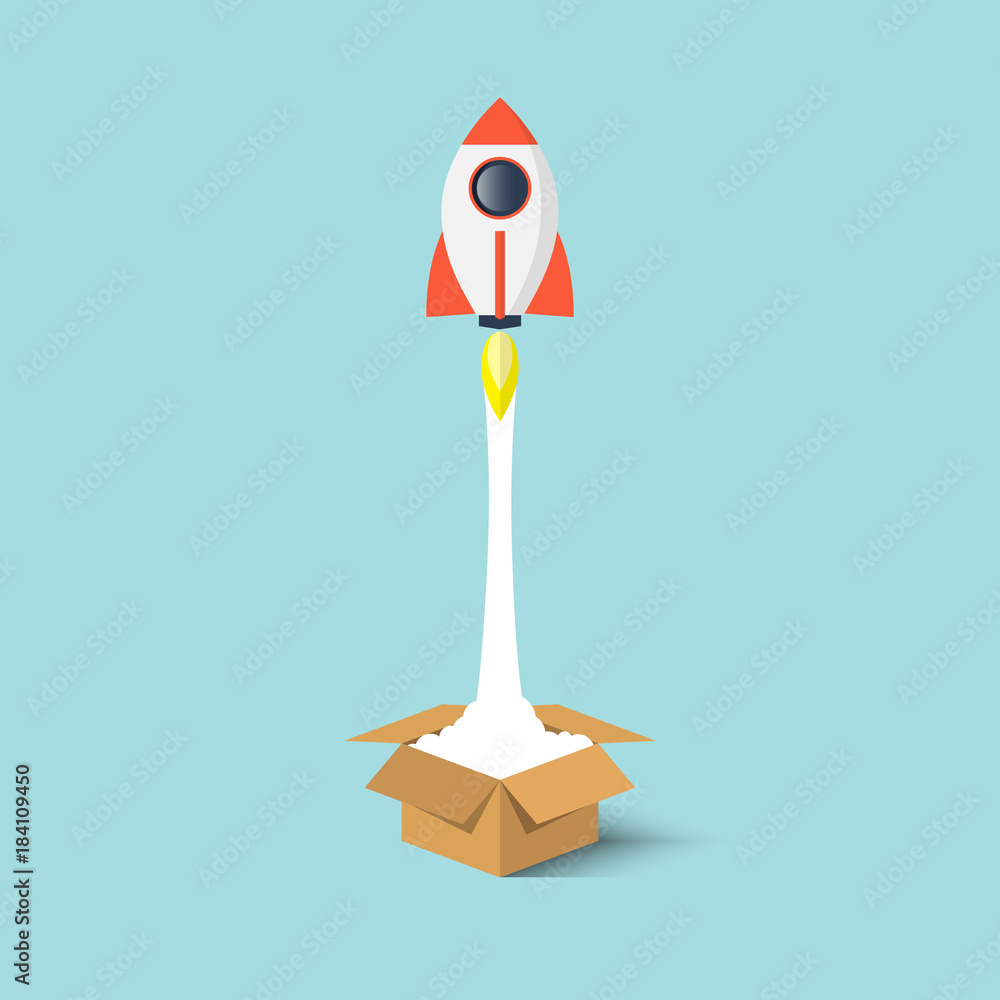 Poster rocket ship launch from the box flat design.start up business concept think outside the box.vector i
