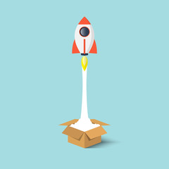 Rocket ship launch from the box flat design.Start up business concept think outside the box.Vector illustration.