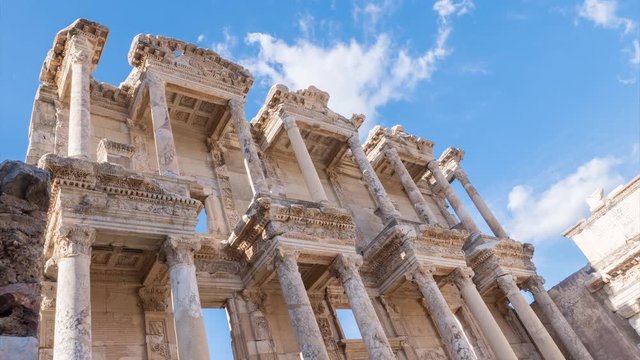 Facade of ancient Celsius Library in Ephesus Timelapse, Turkey