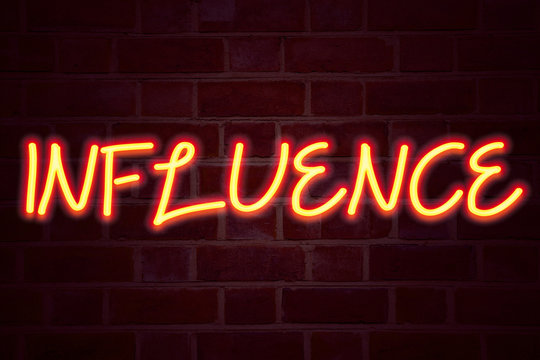 Influence neon sign on brick wall background. Fluorescent Neon tube Sign on brickwork Business concept for Business Analysis and Strategy 3D rendered - Powered by Adobe