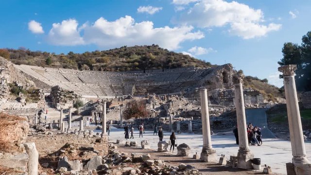 Tourists before Theatre of Ephesus Ancient City at sunny day, Timelapse Turkey