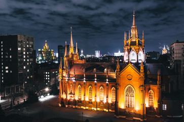 Cathedral of the Immaculate Conception in Moscow and Stalin skyscraper «Kudrinskaya»