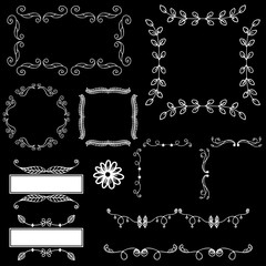vector set of white ornamental lines and stripes frame doodle freehand drawing sketch on a black background