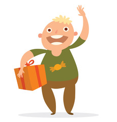 Vector cartoon image of a funny fat boy with blond hair in brown pants, green shirt with orange gift tied with a red ribbon in hand on a white background. Holiday, fun, birthday. Vector illustration.