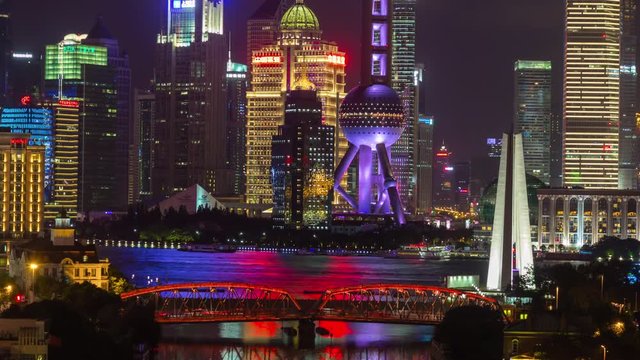 night illumination shanghai famous pudong downtown bridge rooftop panorama 4k timelapse china
