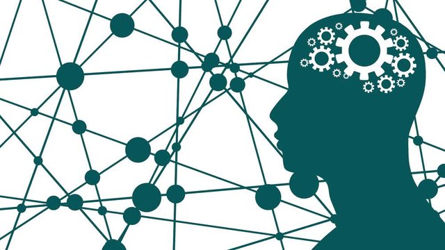 Silhouette of a man's head with spinning gears. Mental health relative scientific medical designs. Connected lines with dots.