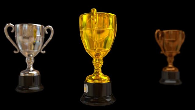 Animated shinning gold, silver and bronze trophy spinning against green background. Gold trophy as main focus. Round reflective stand, and silver plate with text.