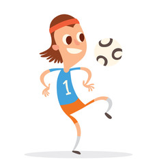 Vector cartoon image of a funny boy with big eyes, with brown hair in orange shorts, a blue t-shirt and red headband is playing with white and black ball on white background. Vector illustration.