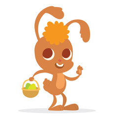 Vector image of cartoon funny light brown Easter Bunny with orange forelock with a brown basket of colorful Easter eggs in his paw on a white background. In the theme of Easter. Vector illustration.