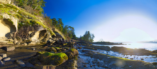 Scenic panoramic view of the ocean and Jack Point and Biggs Park in Nanaimo, British Columbia.