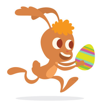 Vector image of cartoon funny light brown Easter Bunny with orange forelock running with colorful Easter egg in his paws on a white background. In the theme of Easter. Vector illustration.
