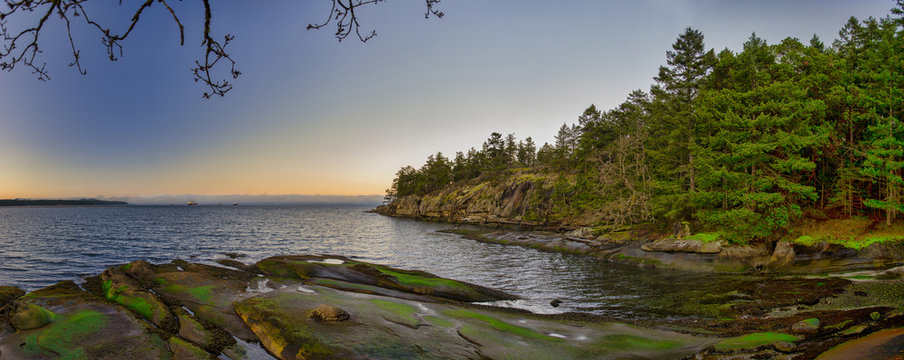 Scenic panoramic view of the ocean and Jack Point and Biggs Park in Nanaimo, British Columbia.