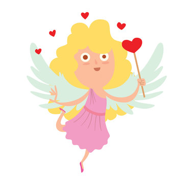 Cartoon image of a cute little cupid girl with yellow long wavy hair, light blue wings in pink dress with magic wand, with a red heart symbol, in her hand on a white background. Valentine's Day.
