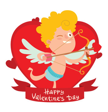 Vector image of a red frame in the form of a heart symbol with a red banner with a cartoon image of cute little cupid flying to the right on a white background. Valentine's Day. Vector illustration.
