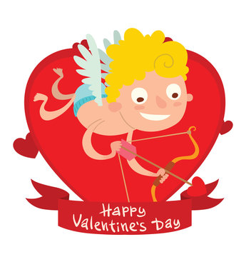 Vector image of a red frame in the form of a heart symbol with a red banner with a cartoon image of cute little cupid flying down on a white background. Valentine's Day. Vector illustration. Card.